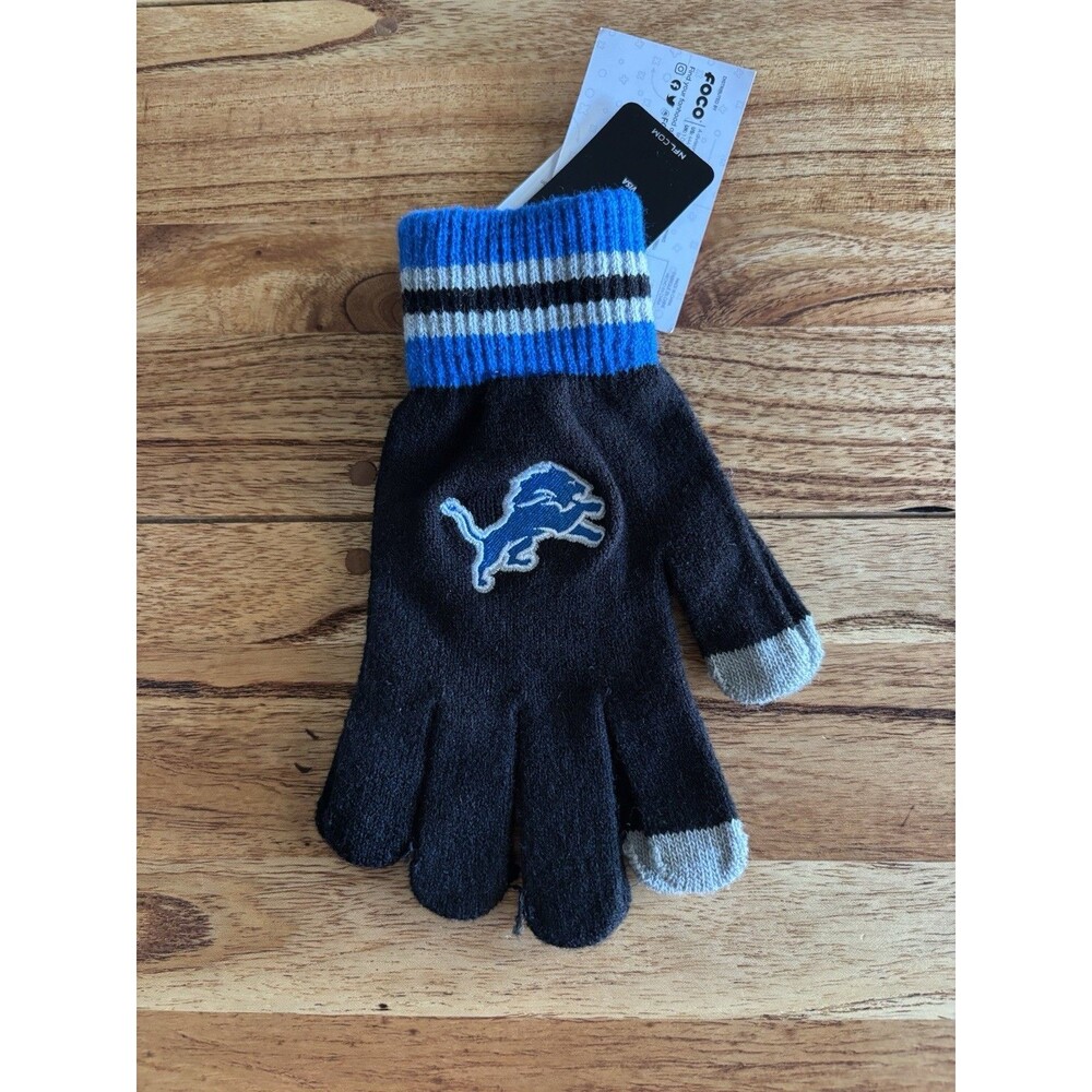 Detroit Lions Black Knit Touchscreen Gloves Blue Cuff One Size NWT kids